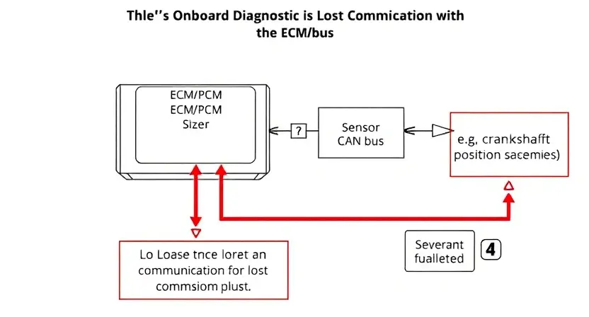 A detailed diagram illustrating a vehicle's onboard diagnostics system, specifically highlighting the U0141 error code related to lost communication with the ECM/PCM. The diagram should show the ECM/PCM, the relevant communication bus (CAN bus), and a sensor (e.g., crankshaft position sensor) that might be involved. Use clear, concise labels and arrows to indicate the data flow and potential points of failure. Focus on technical accuracy and clarity.