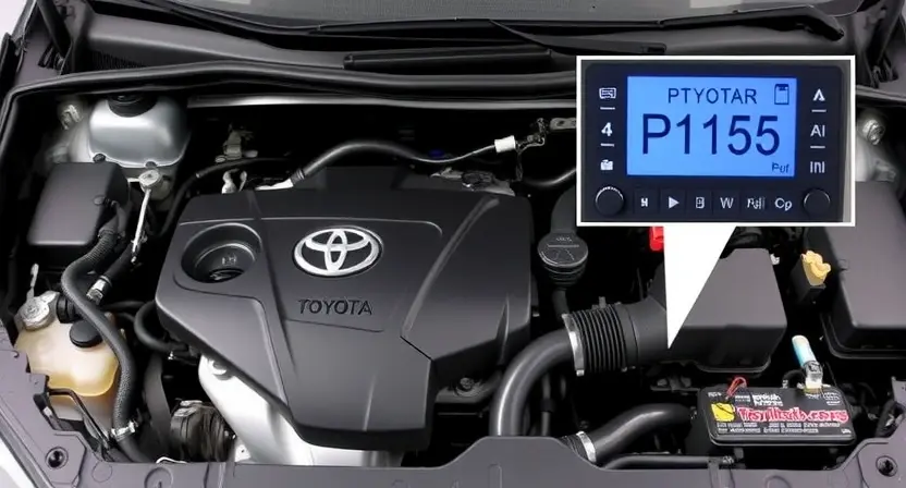 A detailed, realistic image of a Toyota vehicle engine bay, specifically highlighting the P1155 error code displayed on the car's dashboard. Focus on the engine components and the dashboard area where the error is visible. The engine should appear clean and well-maintained.