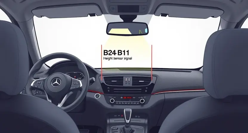 A detailed illustration of a car's dashboard with a diagnostic screen displaying an error message 'B24B1'. The screen should show a visual representation of a height sensor signal issue. The car's interior should be realistically depicted, showing the steering wheel, seats, and other dashboard elements.