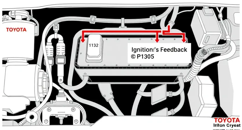 A high-quality technical illustration of a Toyota vehicle's ignition system showing the IGF (Ignition Feedback) circuit with a highlighted error code P1305, including labeled components like ignition coils, spark plugs, and confirmation circuit wiring, rendered in a clean technical diagram style with precise lines and minimalistic labeling
