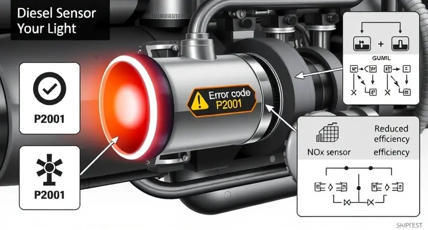 A high-quality technical illustration showing a diesel engine exhaust system with a glowing NOx sensor warning light on cylinder bank 2, surrounded by diagnostic symbols like error code P2001, arrows indicating reduced efficiency, and technical schematics in a clean, professional style