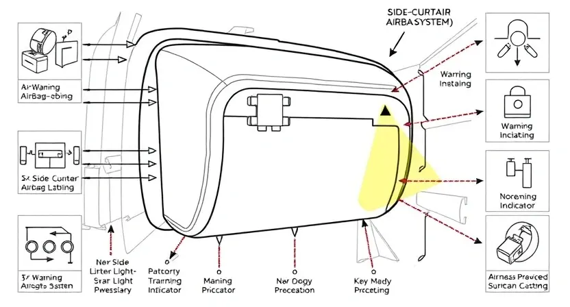 A detailed technical illustration of a vehicle's airbag system showing the left side curtain airbag module with a warning indicator light illuminated, surrounded by schematic wiring diagrams and diagnostic symbols, rendered in a clean, professional engineering style with high clarity and precision