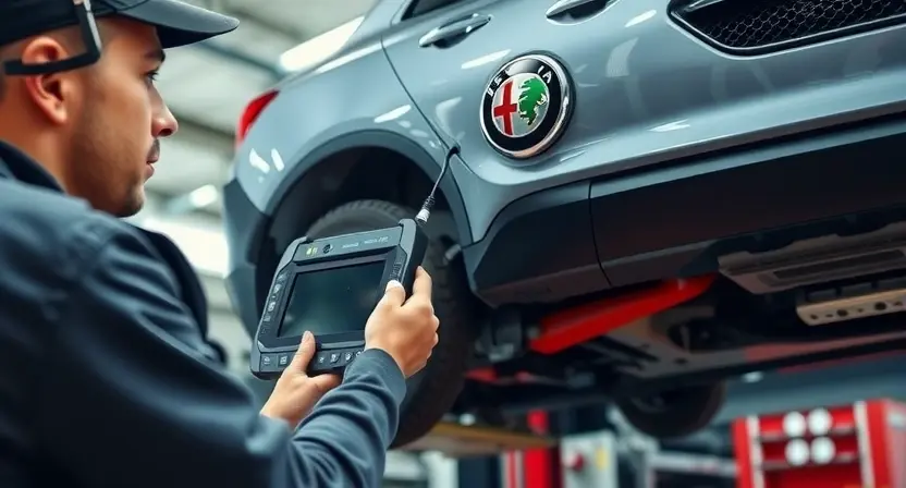 A mechanic is using a diagnostic tool to check the computer system of a Fiat or Alfa Romeo car. The car is lifted on a hydraulic lift in a well-lit garage. Focus on the dashboard and the mechanic's hands interacting with the diagnostic equipment. The car should be a modern model. The overall scene should convey technical expertise and problem-solving.