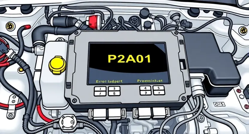 A detailed illustration of an automotive engine control unit (ECU) with various sensors and wiring. Focus on the diagnostic interface displaying an error message "P2A01". The background should be a clean, professional workshop environment.