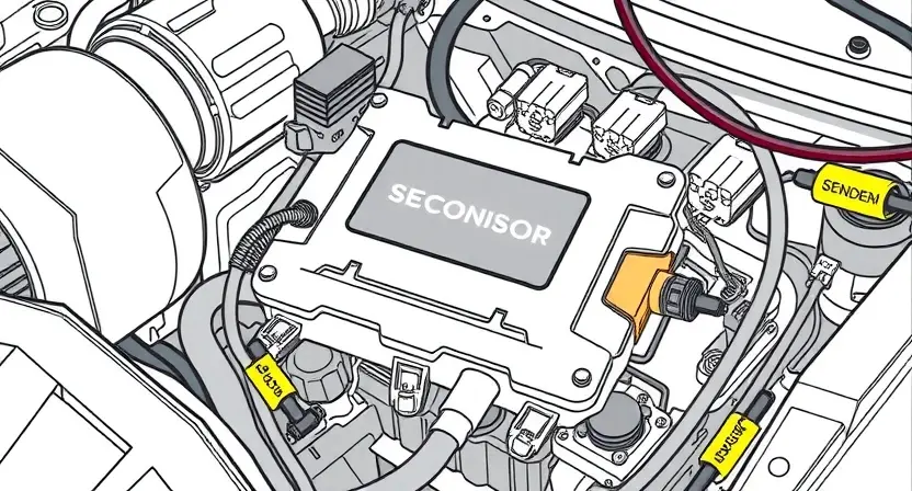 A detailed illustration of an automotive engine control unit (ECU) with various sensors and wiring. The ECU should be highlighted, and the surrounding components should be realistically depicted. Focus on the technical aspects of the device.