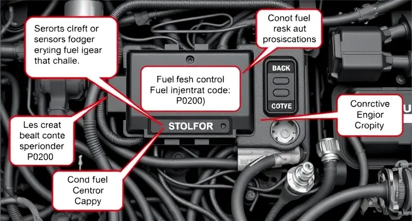 A detailed illustration of an engine control unit (ECU) with various sensors and wiring, highlighting the fuel injector circuit. Focus on the components related to the P0200 error code.
