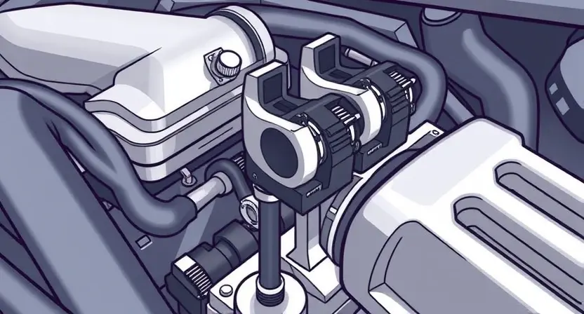 A close-up, detailed illustration of a car's engine bay, focusing on the mass airflow sensor (MAF sensor). The sensor should be clearly visible, along with nearby intake manifold components and air intake ducting. The overall scene should convey a sense of automotive mechanics and diagnostics. The lighting should be bright and even, highlighting the sensor's details. Focus on the sensor's physical appearance and its connection points.