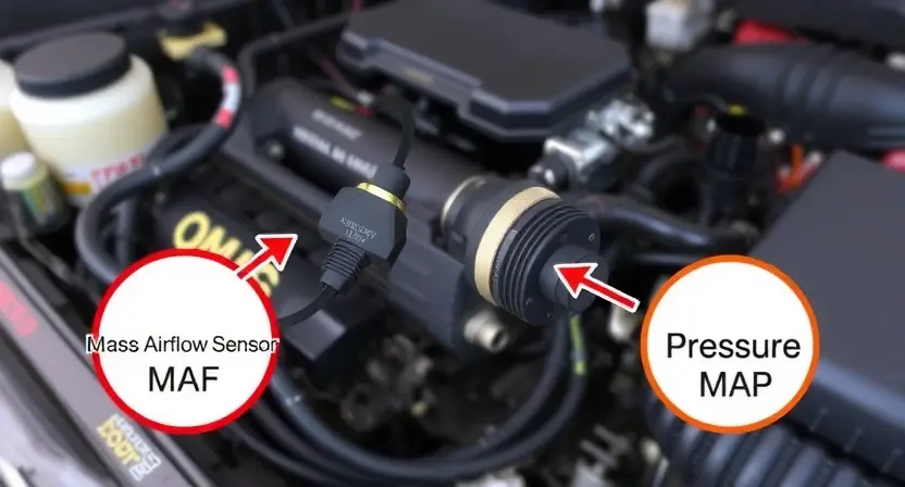 A close-up illustration of a car's engine bay, highlighting the Mass Airflow Sensor (MAF) and the Manifold Absolute Pressure (MAP) sensor. Use arrows to indicate the airflow and pressure readings. The background should be slightly blurred to focus on the sensors.