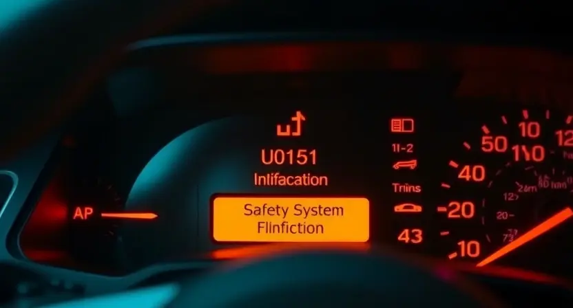 A modern car dashboard with warning lights illuminated, focusing on a yellow or amber 'Safety System Malfunction' indicator, surrounded by subtle digital error code 'U0151' glowing faintly in the background, soft ambient lighting, realistic automotive interior, high detail, no text or letters visible on the dashboard except the implied error code as a visual glow