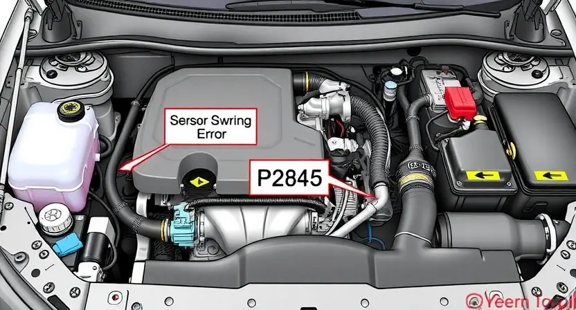 A detailed illustration of an automotive engine bay, focusing on the area where the P2845 error code might originate. Include visual representations of sensors, wiring harnesses, and potential components related to the error. The image should be clean and well-lit, showcasing the complexity of the engine compartment.