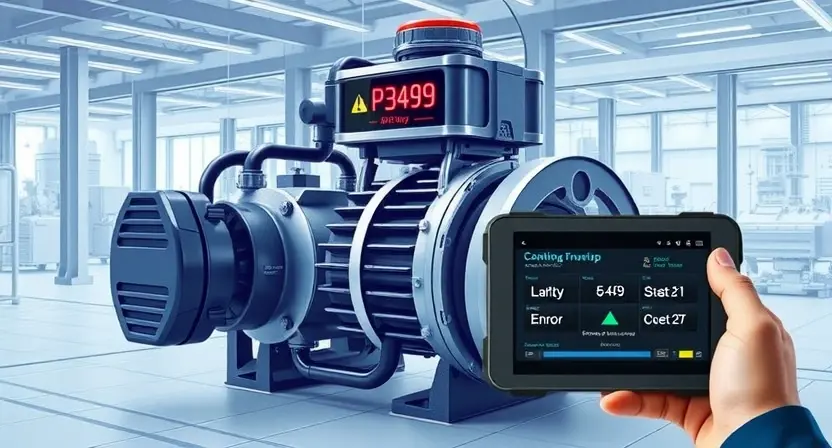 A high-quality technical illustration showing a cooling pump of an inverter with visible error code P3499, diagnostic equipment interface on a tablet or handheld scanner, clean modern engineering background, precise details, no text or numbers on the image