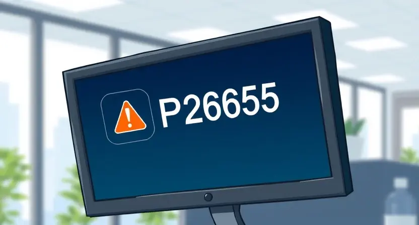 A detailed illustration depicting a computer screen displaying an error message "P2565". The screen should show a technical error notification with accompanying icons representing system issues. The background should be a blurred office environment, suggesting a professional setting.