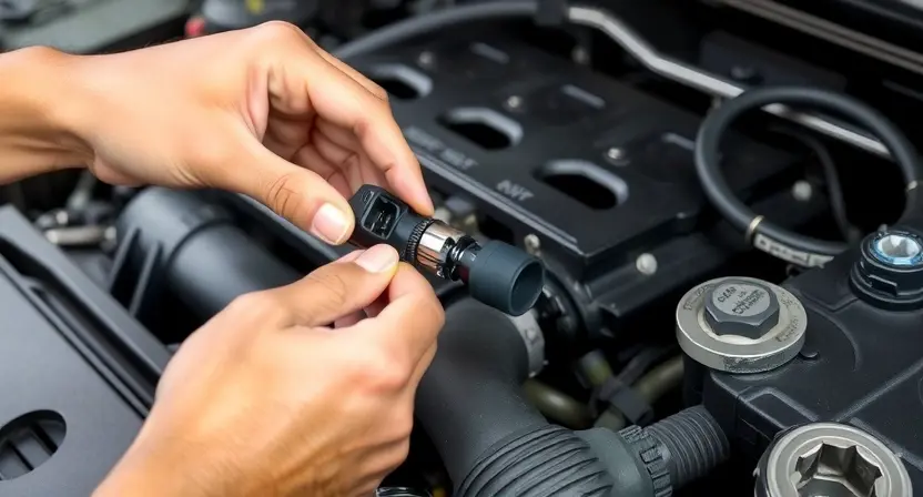 A close-up, detailed image of a car engine bay. The focus is on the crankshaft position sensor being removed. A mechanic's hands are shown carefully disconnecting the electrical connector from the sensor. Tools like a socket wrench and possibly a screwdriver are visible in the background. The engine should be clean and well-lit, showcasing the sensor and its surroundings. Emphasis on precision and technical detail.