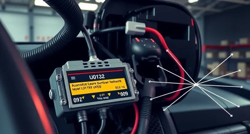 A detailed technical illustration of a vehicle's suspension control module with visible wiring harnesses, diagnostic error code U0132 displayed on a car dashboard screen, and symbolic representation of lost communication (e.g., broken signal waves or disconnected lines) between the module and vehicle network, set in a modern automotive workshop environment with soft ambient lighting, no text or labels on the image