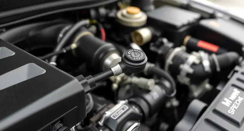 A close-up, detailed image of a car's engine bay. Focus on the mass airflow sensor (MAF sensor) and its surrounding components. The engine should appear clean and well-maintained. The lighting should be bright and even, highlighting the sensor's position and connections. The background should be slightly blurred to emphasize the MAF sensor.