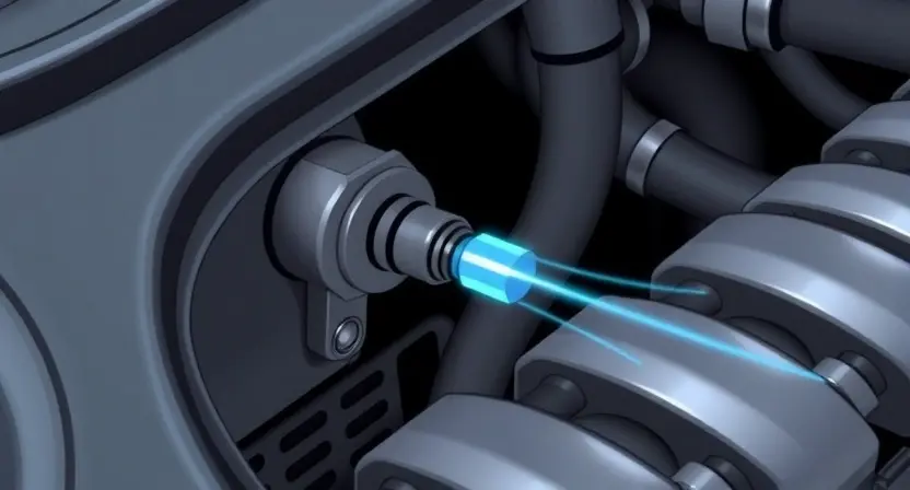 A close-up, detailed illustration of a car's intake manifold with a temperature sensor. The sensor should be clearly visible, with subtle glowing lines indicating a low signal. Focus on the sensor's connection points and the surrounding engine components. The overall color palette should be metallic grays and blacks, with a hint of blue to represent the low temperature signal.