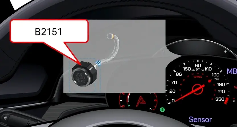 A detailed technical illustration of a vehicle's steering column sensor circuit showing a fault B2251 error, with highlighted broken wire, damaged sensor, and warning indicator on dashboard, rendered in high-quality technical diagram style