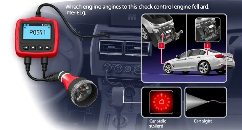 A detailed illustration of a car's engine control unit (ECU) with various diagnostic tools connected. Focus on the ECU's display showing a P0591 error code. Include visual representations of the symptoms associated with the code (e.g., a car stalling, a check engine light illuminated).