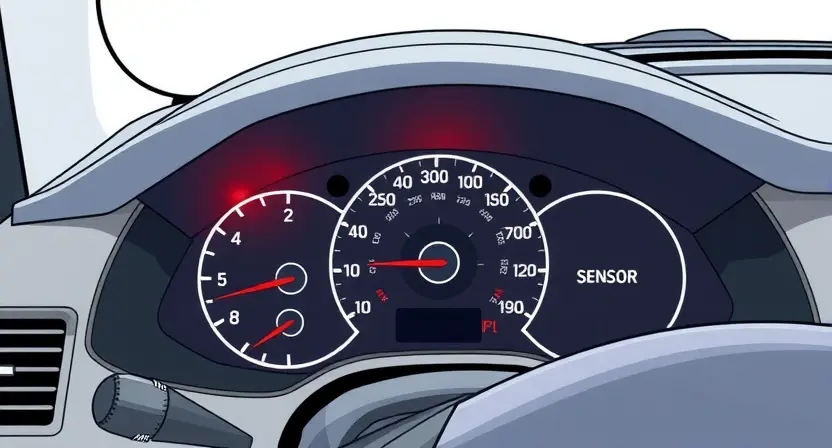A high-quality technical illustration showing a car dashboard with a warning light indicating a sensor blockage, clean lines, detailed components, no text or numbers on the image, professional lighting