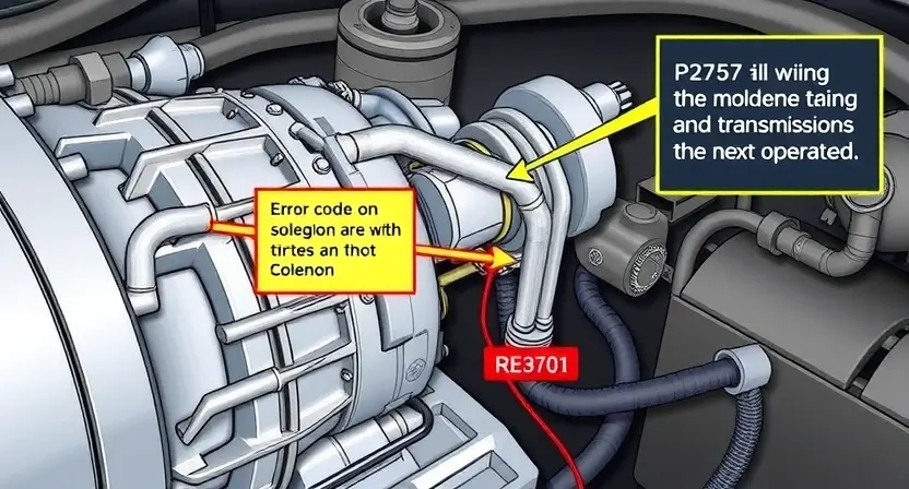 A detailed illustration of a car transmission system with a highlighted solenoid and wiring. The image should clearly show the components and their connections, with a visual representation of the P2757 error code and its potential impact on the transmission's operation. Focus on technical accuracy and clarity.