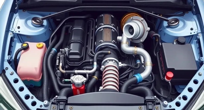 A detailed illustration of a car engine bay, focusing on the turbocharger system. Show the turbocharger, intake and exhaust manifolds, and associated hoses and wiring. The engine should be partially visible, highlighting the components related to turbocharger operation. The image should be realistic and technically accurate.