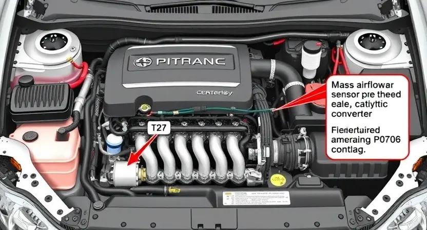 A detailed illustration of a car's engine bay with various diagnostic tools and components visible. Focus on the area related to the P0706 error code, such as the mass airflow sensor, catalytic converter, and related wiring. The image should be clean and well-lit, showcasing the technical aspects of the engine.