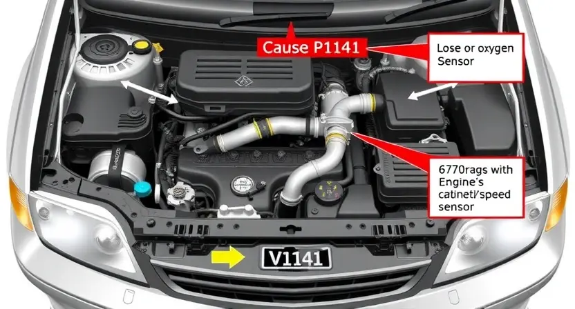 A detailed illustration of a VAZ/Lada car engine bay, highlighting the area related to the P1141 error code. Include visual cues representing potential causes like a loose or damaged oxygen sensor, a faulty catalytic converter, or a problem with the engine's speed sensor. Focus on technical details and clear labeling of components.