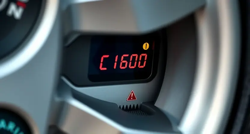 A close-up of a car tire pressure monitoring system sensor on a wheel rim, with a digital dashboard display showing error code C1600 in red, surrounded by subtle warning symbols like exclamation marks and tire icons, realistic lighting, high detail, automotive technical context
