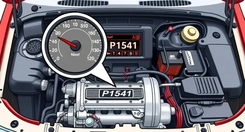 A detailed illustration of a VAZ/Lada car engine bay, highlighting the P1541 error code indicator. Focus on the dashboard and instrument cluster showing the error message. Include relevant engine components like the alternator, battery, and wiring harness.