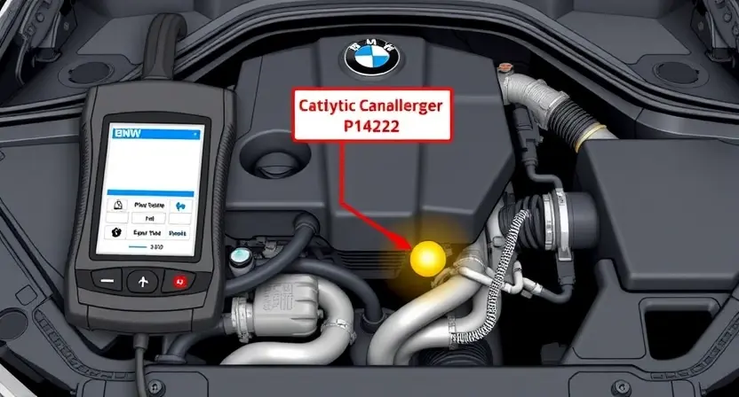 A detailed illustration of a BMW engine bay with a diagnostic tool connected to the engine's computer. Focus on the area where the P1422 error code might be related to, such as the catalytic converter or exhaust system. Include visual cues representing exhaust gases and engine components.