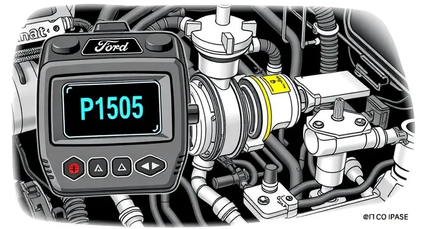 A detailed technical illustration of a Ford vehicle's idle control system showing a glowing P1505 error code on a diagnostic scanner, with highlighted components like the idle air control valve and vacuum lines, clean technical diagram style with labeled parts and blueprint-like precision