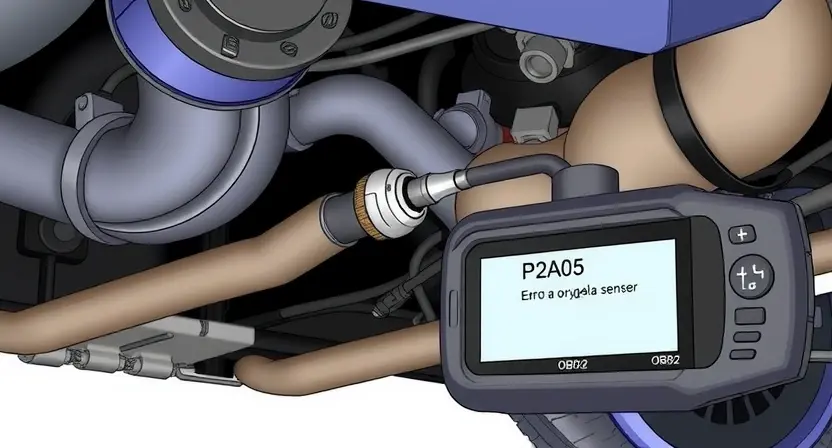 A close-up, detailed illustration of a car's exhaust system, specifically focusing on the oxygen sensor (lambda sensor). The sensor should be clearly visible, along with surrounding exhaust pipes and engine components. The image should depict a diagnostic tool (like an OBD2 scanner) connected to the sensor, displaying a P2A05 error code on its screen. The overall scene should convey a technical and diagnostic context.