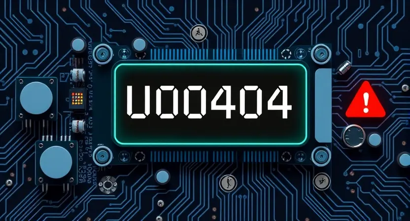 A high-quality technical illustration showing a computer motherboard with highlighted error code U0404 displayed on a diagnostic screen, surrounded by subtle circuit patterns and warning symbols, clean and professional visual style