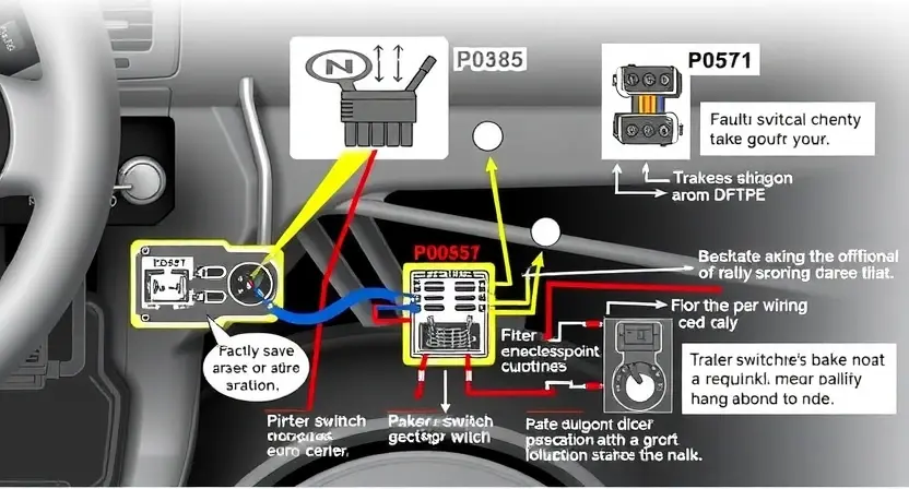A detailed illustration of a car's brake switch circuit, highlighting the P0585 and P0571 error codes. Include visual representations of the brake switch, wiring, and potential fault points. Focus on clarity and technical accuracy.