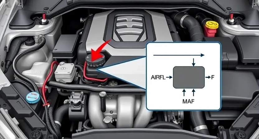 A detailed illustration of a car engine bay with a clear focus on the Mass Air Flow (MAF) sensor. The MAF sensor should be highlighted with an arrow, and a simplified diagram showing airflow entering the sensor and the resulting signal being sent to the engine control unit (ECU) should be included. The engine bay should be clean and well-lit, showcasing the surrounding components without being overly cluttered. The image should convey technical accuracy and clarity.