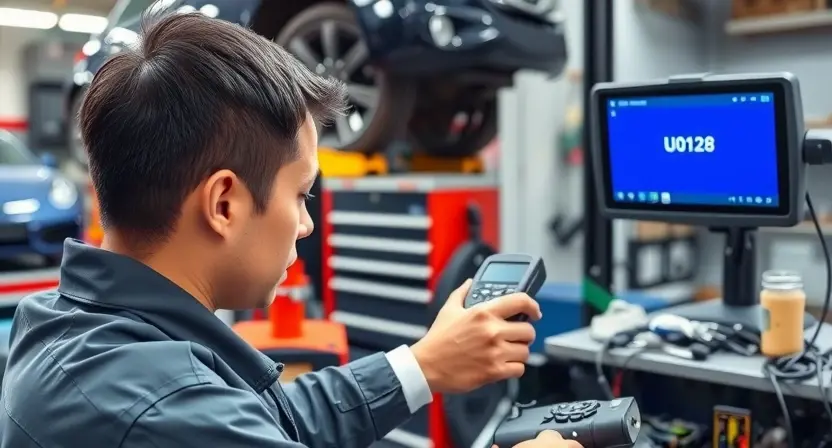 A professional automotive repair shop scene showing a technician inspecting an electronic parking brake module, with diagnostic equipment displaying error code U0128 on a screen, clean organized workspace, tools neatly arranged, realistic lighting, no text or numbers visible on any surfaces