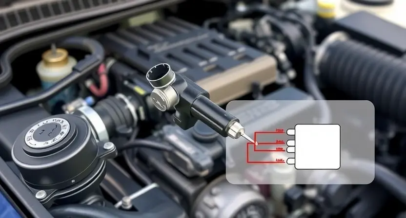 A detailed illustration of a car engine bay, focusing on the crankshaft position sensor (CKP). The sensor should be clearly visible, connected to the engine's wiring harness. Include a schematic diagram showing the CKP sensor's function and connection to the engine control unit (ECU). The background should be a slightly blurred view of the engine components.