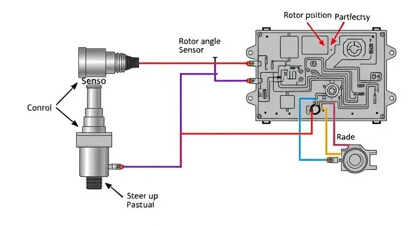 A detailed schematic diagram of a steering angle sensor (SAS) and its connection to an electronic power steering (EPS) control module. The diagram should clearly show the rotor position sensor, wiring, and the module's internal circuitry. Focus on the sensor's physical form and its electrical connections. Include labels for key components like the sensor, control module, and relevant wiring pathways. The image should be clean and easy to understand, suitable for technical documentation.