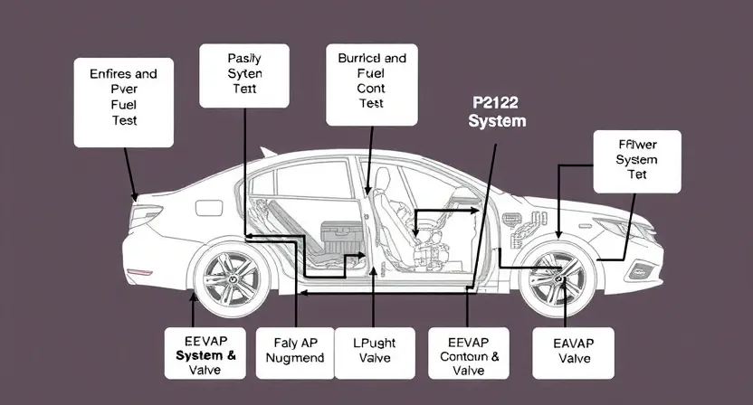 A detailed diagram illustrating a car's engine control system, specifically highlighting the components related to the P2122 error code (e.g., EVAP system, purge valve, fuel system). Use arrows to show the flow of data and the relationships between components. The diagram should be clean, professional, and easy to understand. Focus on visual representation of the system rather than specific car models.