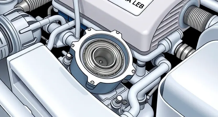 A detailed illustration of a car engine's intake manifold with a visible valve assembly. The valve is depicted in a stuck or jammed position, indicating a blockage or malfunction. Focus on the internal components and the area around the valve to highlight the problem. The engine should be clean and well-lit, emphasizing the mechanical details.