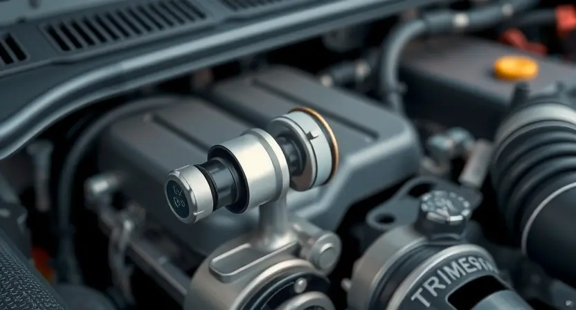 A close-up, detailed illustration of a car's engine bay with a focus on the oxygen sensor. The sensor should be clearly visible, with surrounding engine components subtly blurred to maintain focus. The overall lighting should be bright and clean, highlighting the sensor's details.