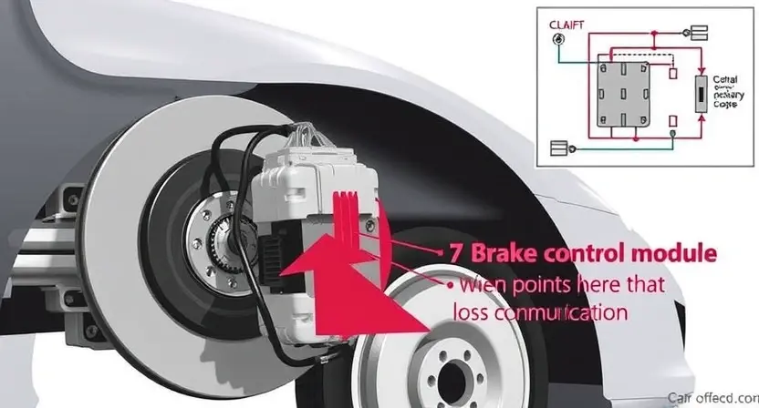 A detailed illustration of a car's braking system, highlighting the brake control module and its connections. The image should show the brake control module with visible wiring and connectors, emphasizing the potential points of failure that could lead to a loss of communication. The background should include a schematic diagram of the braking system to provide context.