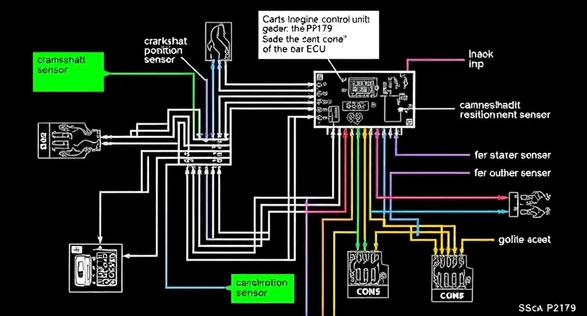 A detailed schematic diagram illustrating an engine control unit (ECU) with highlighted connections related to the P2179 error code. The diagram should show sensor inputs, actuator outputs, and data flow within the ECU. Include visual representations of relevant engine components like the crankshaft position sensor, camshaft position sensor, and throttle position sensor. Focus on the electrical connections and data pathways.