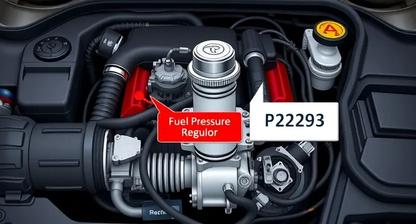 A high-quality technical illustration showing a modern vehicle engine control system with a highlighted fuel pressure regulator component, surrounded by diagnostic tools and error code P2293 displayed prominently, clean technical diagram style, precise engineering details, no text labels or numbers on image