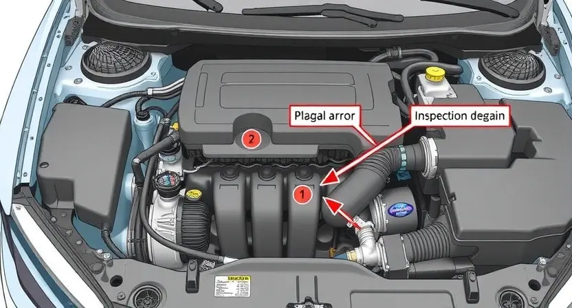 A detailed illustration of a car engine bay with a focus on potential connection points and seals. Highlight areas where a P1297 error code might originate. Include visual cues suggesting inspection and potential repair.