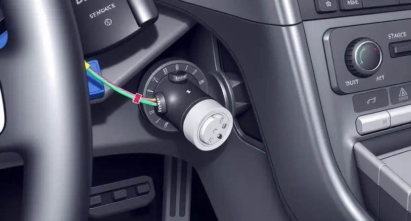 A detailed illustration of a car's front left wheel sensor, highlighting its components and connection to the vehicle's dashboard. Focus on the sensor itself, its wiring, and the surrounding automotive parts.