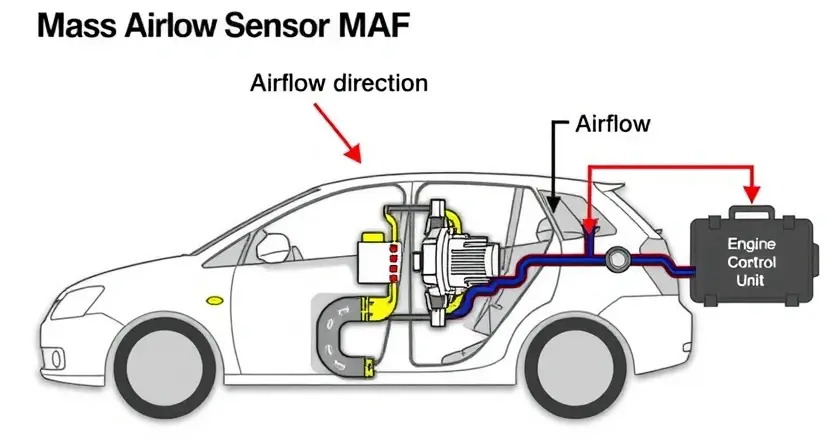 A detailed diagram illustrating a car's engine system with a focus on the mass airflow sensor (MAF). Highlight the airflow path, the sensor's location within the intake system, and the connection to the engine control unit (ECU). Use clear arrows to indicate airflow direction. The diagram should be clean and easy to understand, emphasizing the sensor's role in detecting airflow and its impact on engine performance.
