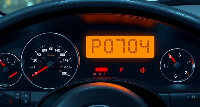 A detailed illustration of a car's dashboard with a P0704 diagnostic trouble code illuminated on the display. The dashboard should be realistically rendered, showing various gauges and buttons. The code should be clearly visible and easily readable.