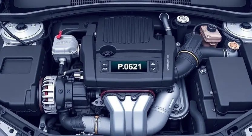 A detailed illustration of a car engine with the P0621 error code highlighted. The engine should be realistically rendered, showing various components like the alternator, camshaft, and crankshaft. The P0621 code should be displayed on a digital dashboard or a diagnostic screen within the engine bay.