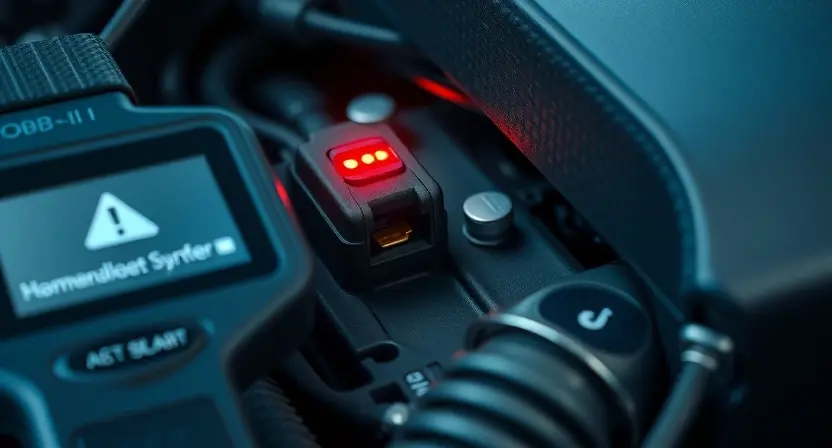 A detailed close-up of a modern car engine bay focusing on the electrical wiring and the engine control unit. A digital diagnostic scanner is connected to the OBD-II port, showing a warning symbol on its screen. Subtle glowing red highlights on a faulty electrical connector to symbolize a circuit malfunction. Cinematic lighting, photorealistic, industrial aesthetic, high technical detail.